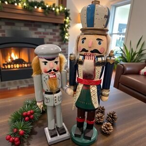 🎄 Vintage Wooden Nutcracker Set of 2 14"King 10"Soldier Hand Painted Christmas
